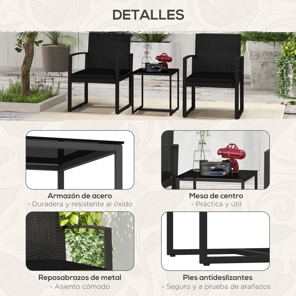 Conjunto de jardín Mole Outsunny 2 sillas + mesa negro