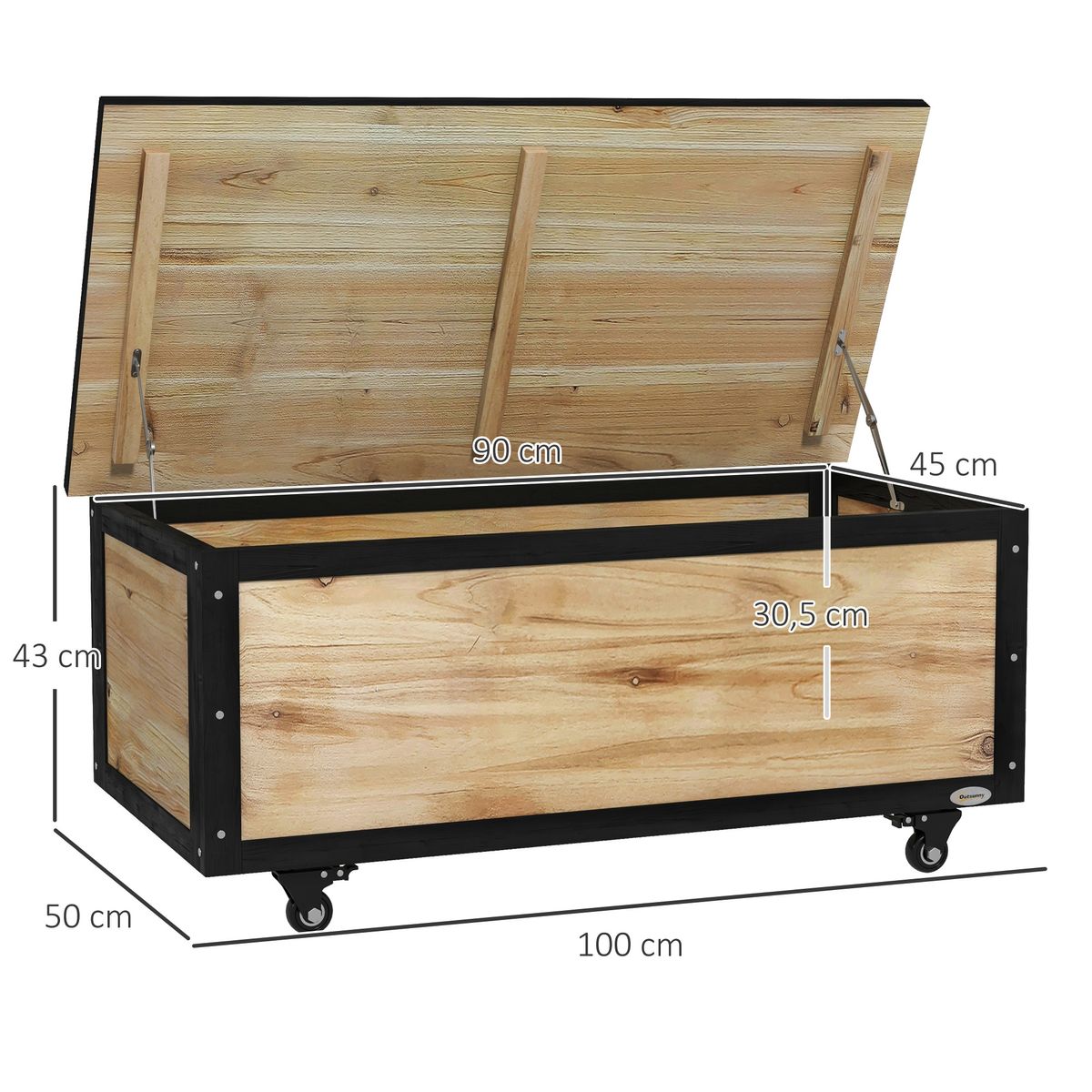 Baúl Perla Outsunny 4 ruedas natural/negro 43x100x50 cm