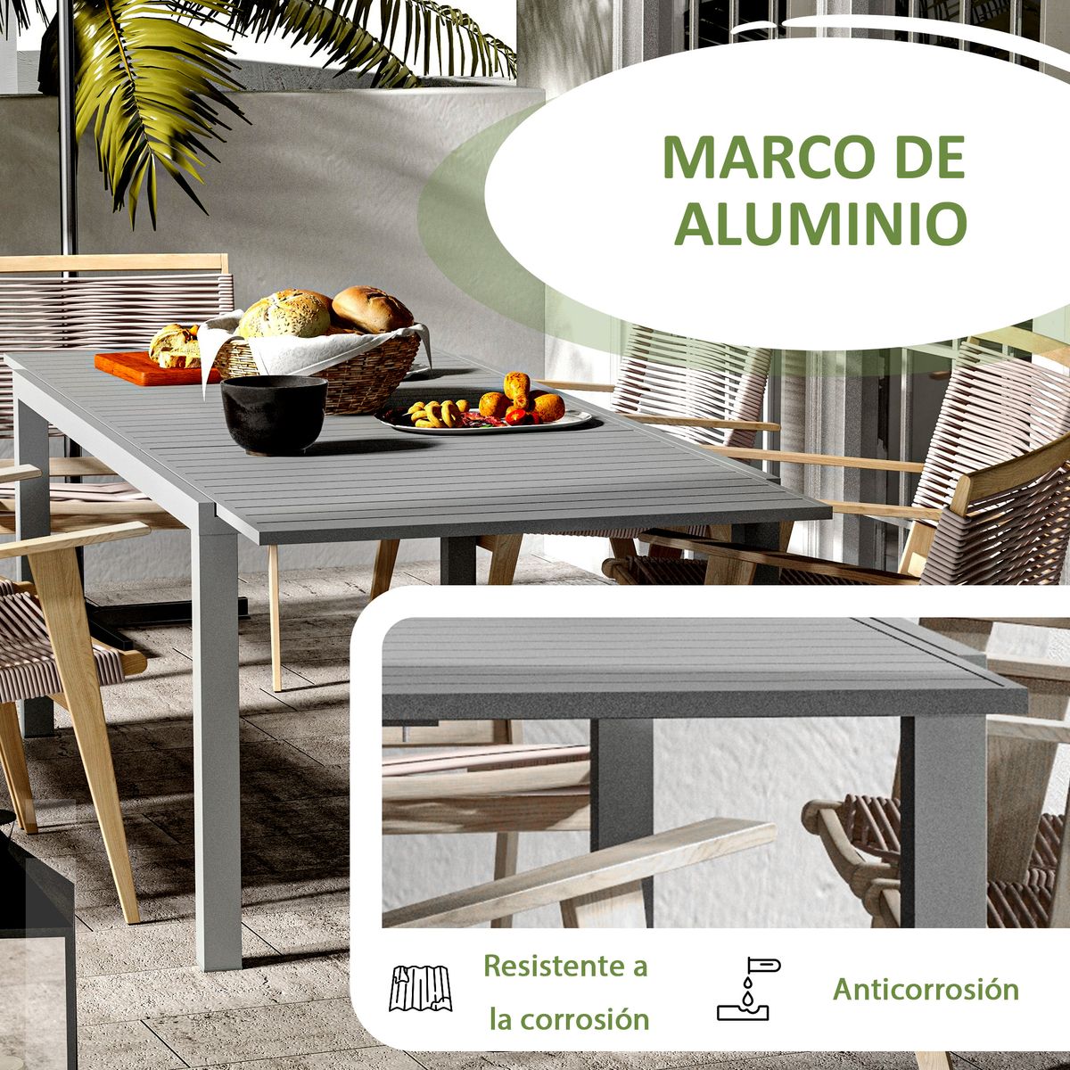 Mesa de exterior Outsunny extensible gris oscuro 73x180-240x94 cm