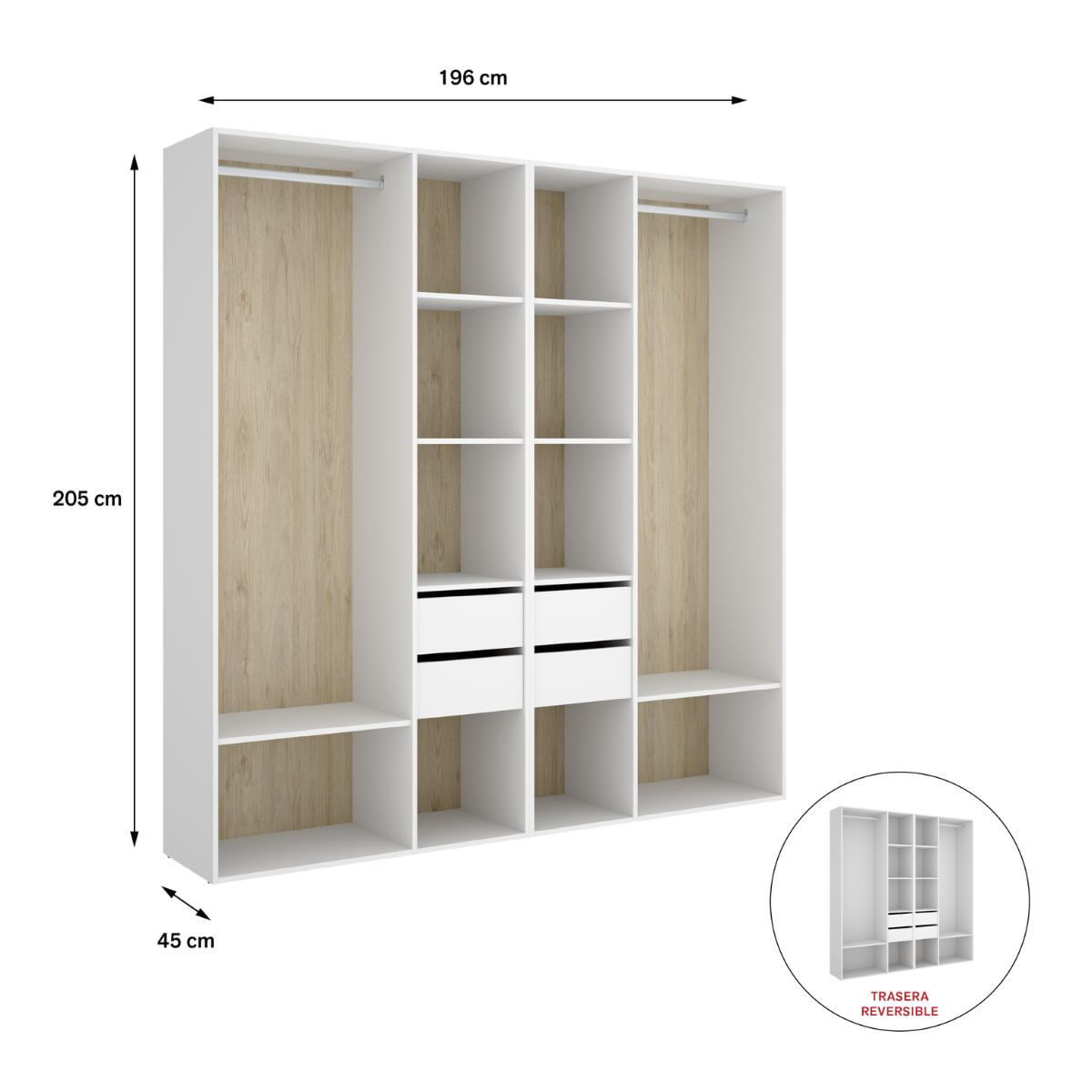 Armario-vestidor-Suit-reversible-4-cajones---2-barras---2-columnas-blanco-natural-205x196x45-cm-medidas