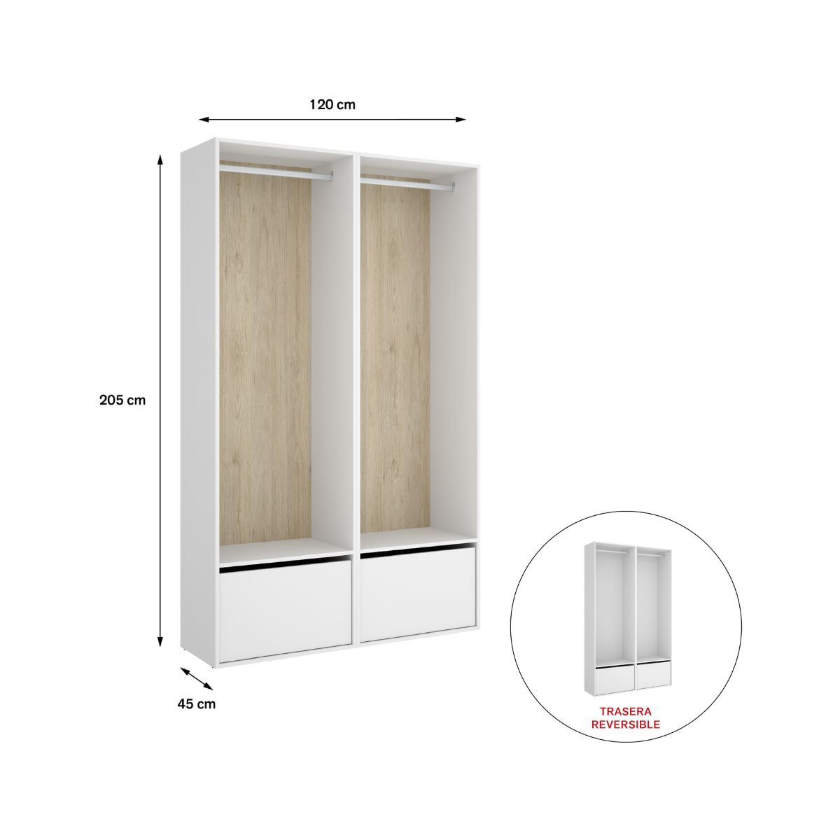Armario-vestidor-Suit-2-modulos---2-barras---zapatero-blanco-natural-205x120x45-cm-medidas