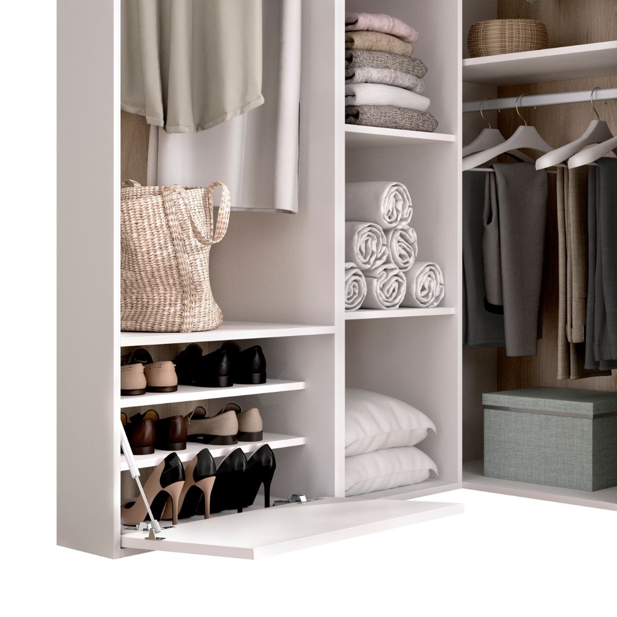 Armario-vestidor-Suit-2-modulos---3-barras---zapatero-blanco-natural-205x1445x795-cm-detalle
