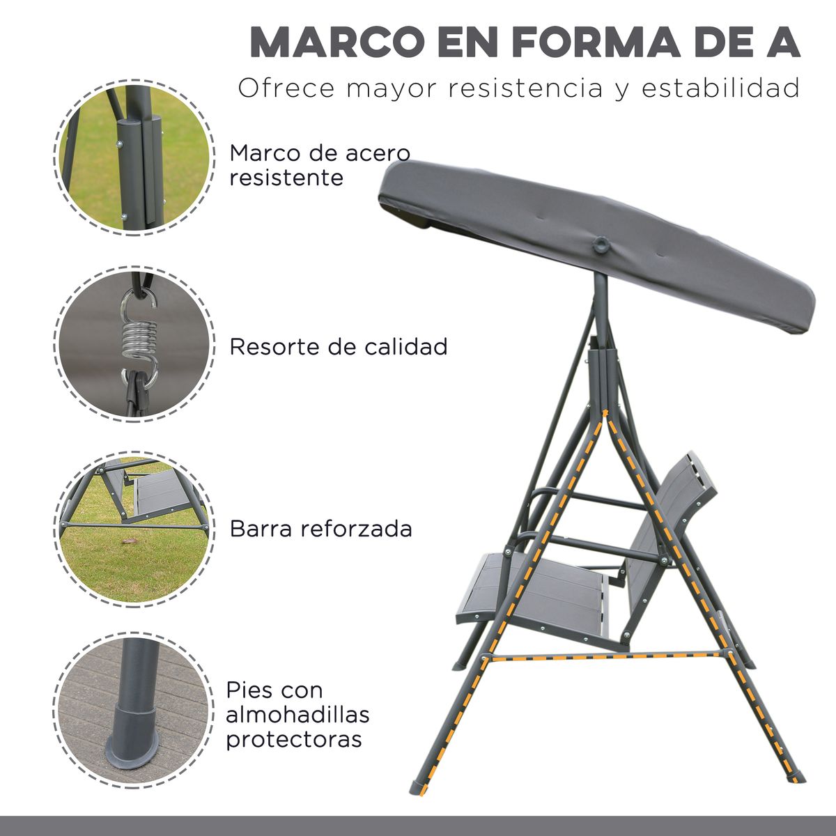 Columpio balancín Torre Outsunny 3 plazas toldo ajustable gris 159x175x118 cm