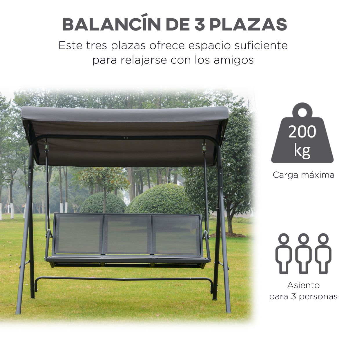 Columpio balancín Torre Outsunny 3 plazas toldo ajustable gris 159x175x118 cm