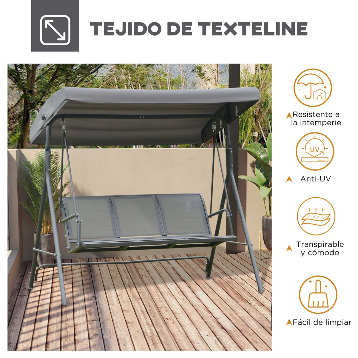 Columpio balancín Torre Outsunny 3 plazas toldo ajustable gris 159x175x118 cm