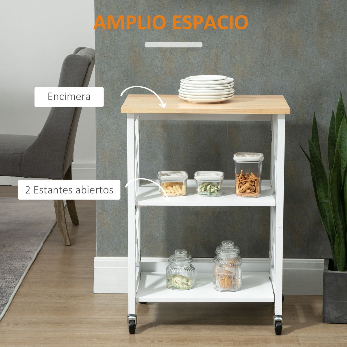 Carrito auxiliar Moniz Homcom 2 estantes con ruedas blanco 84x60x40 cm