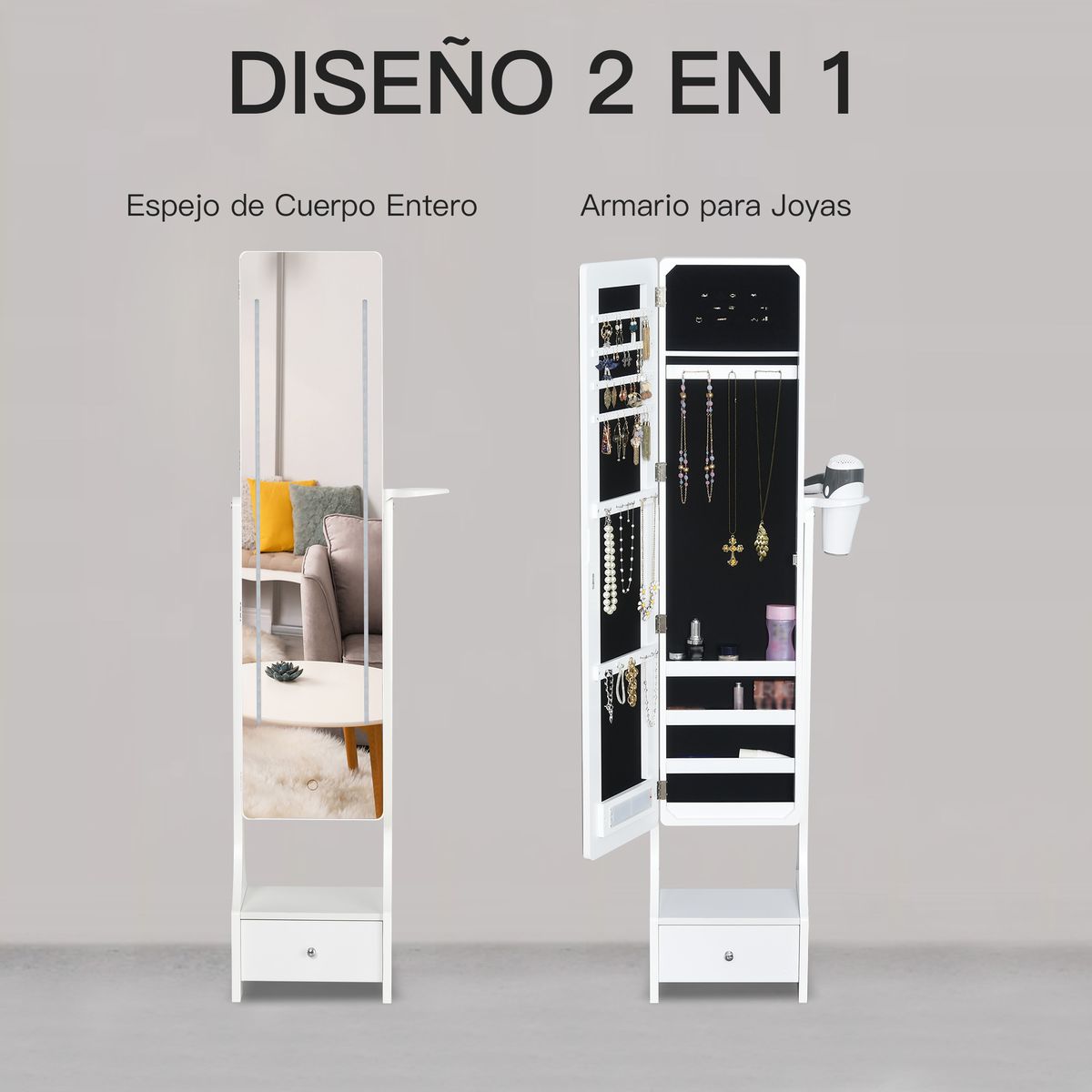 Espejo joyero Beyton Homcom ángulo ajustable blanco 158x37x30 cm