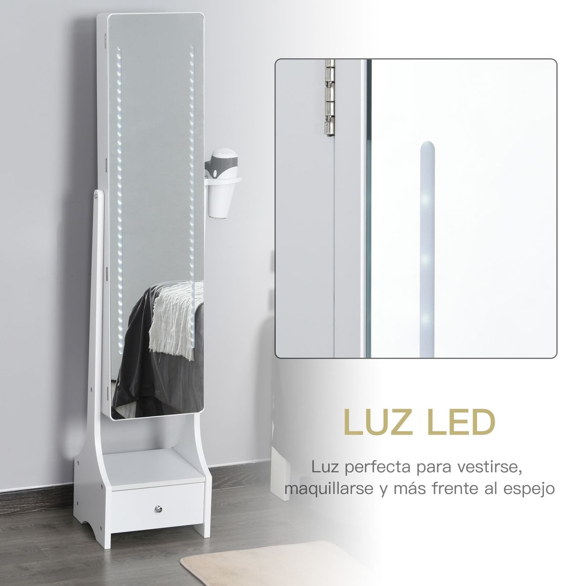 Espejo joyero Beyton Homcom ángulo ajustable blanco 158x37x30 cm