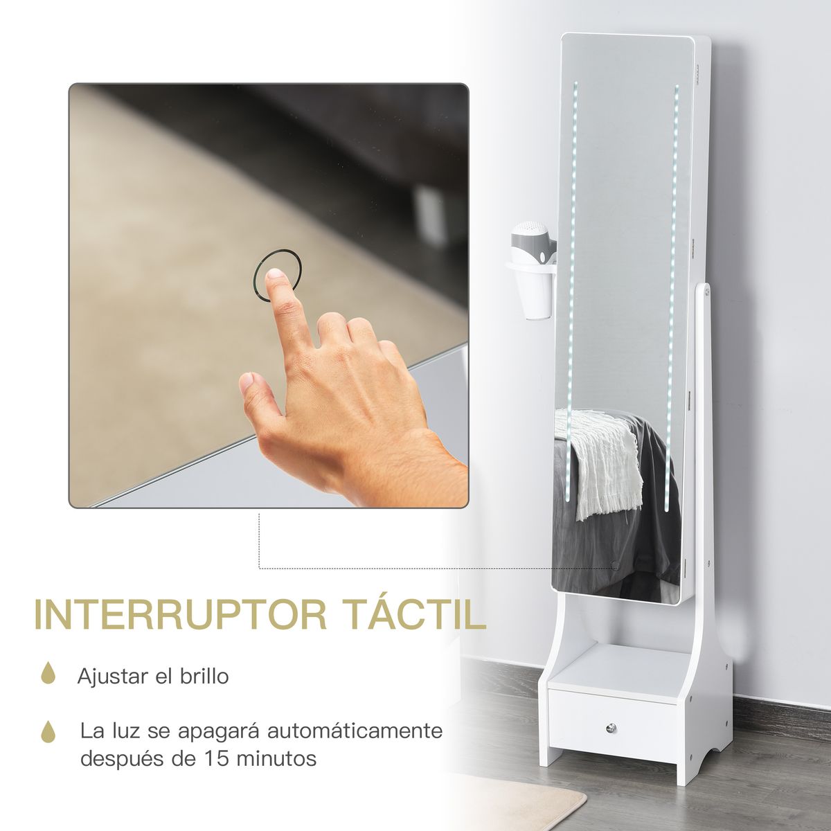 Espejo joyero Beyton Homcom ángulo ajustable blanco 158x37x30 cm