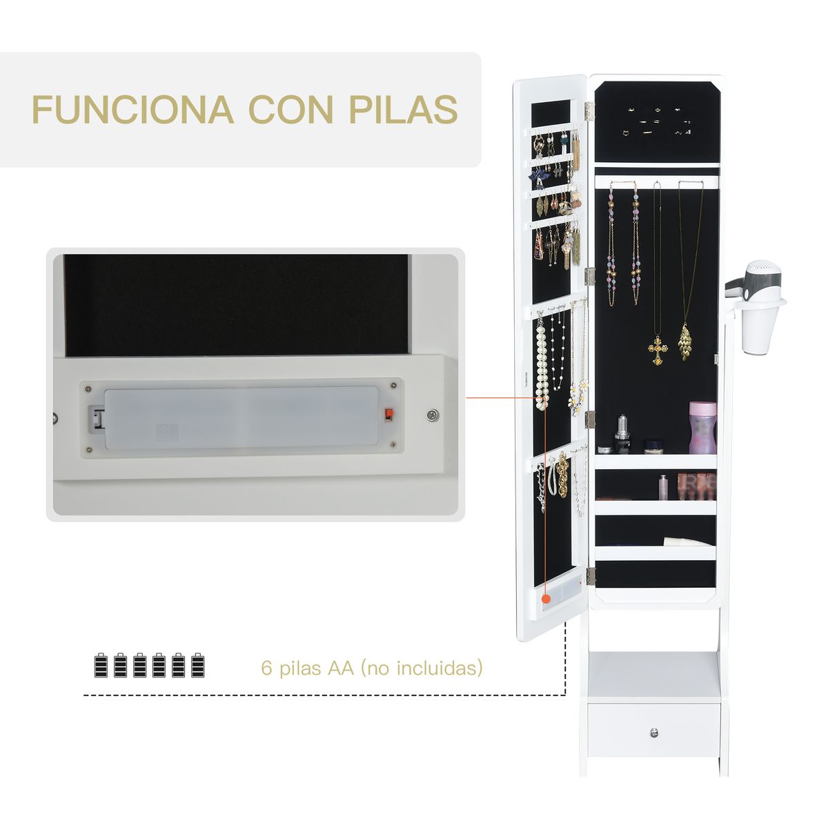 Espejo joyero Beyton Homcom ángulo ajustable blanco 158x37x30 cm