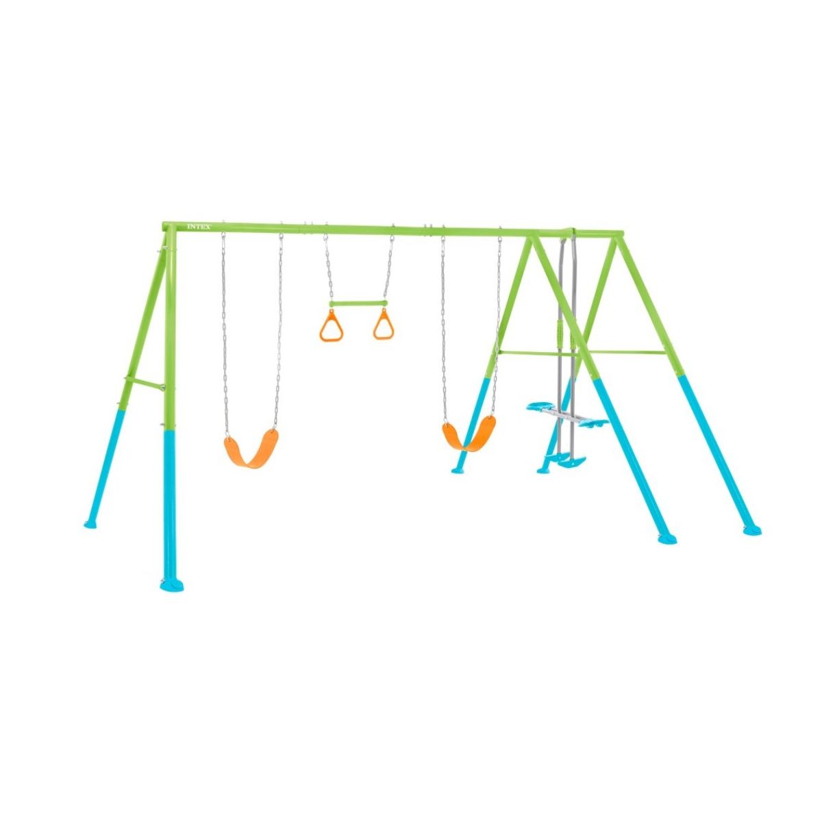 Columpio-doble-infantil-Intex-con-balancin---barra-de-trapecio---anillas-azul-verde-211x467x254-cm-fondo-blanco