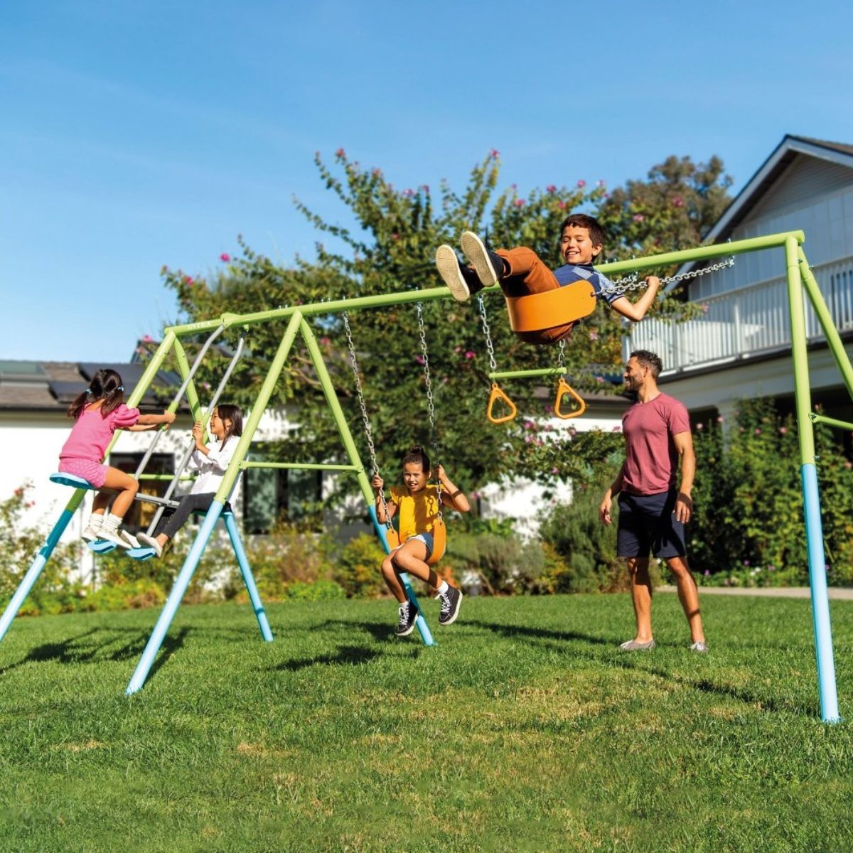 Columpio-doble-infantil-Intex-con-balancin---barra-de-trapecio---anillas-azul-verde-211x467x254-cm-animada