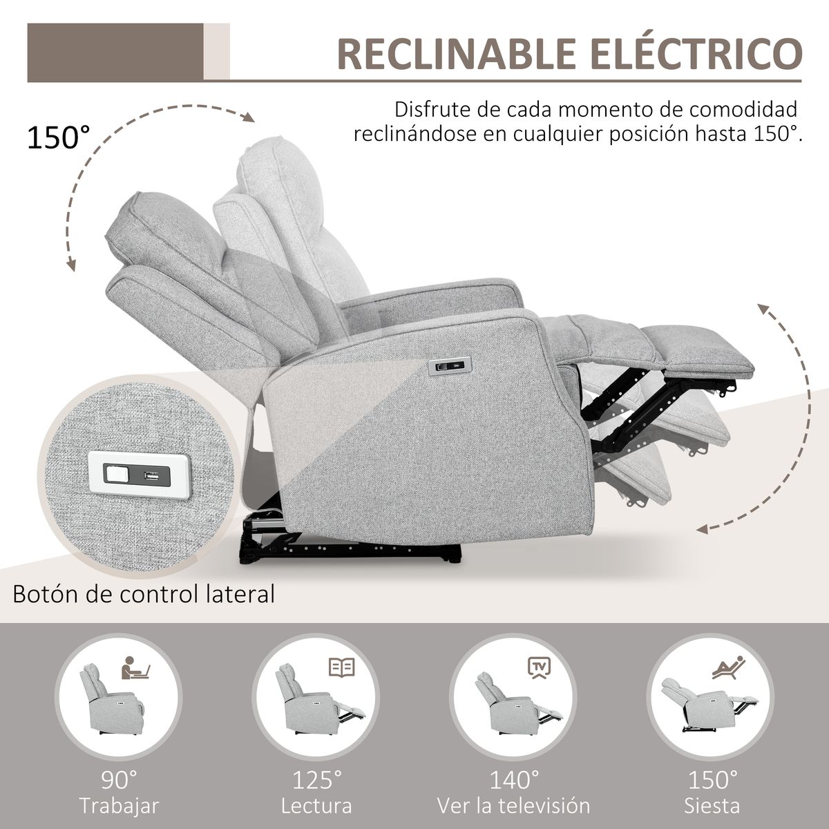 Sillón Relax Homcom reclinable con carga USB gris 104x84x92 cm