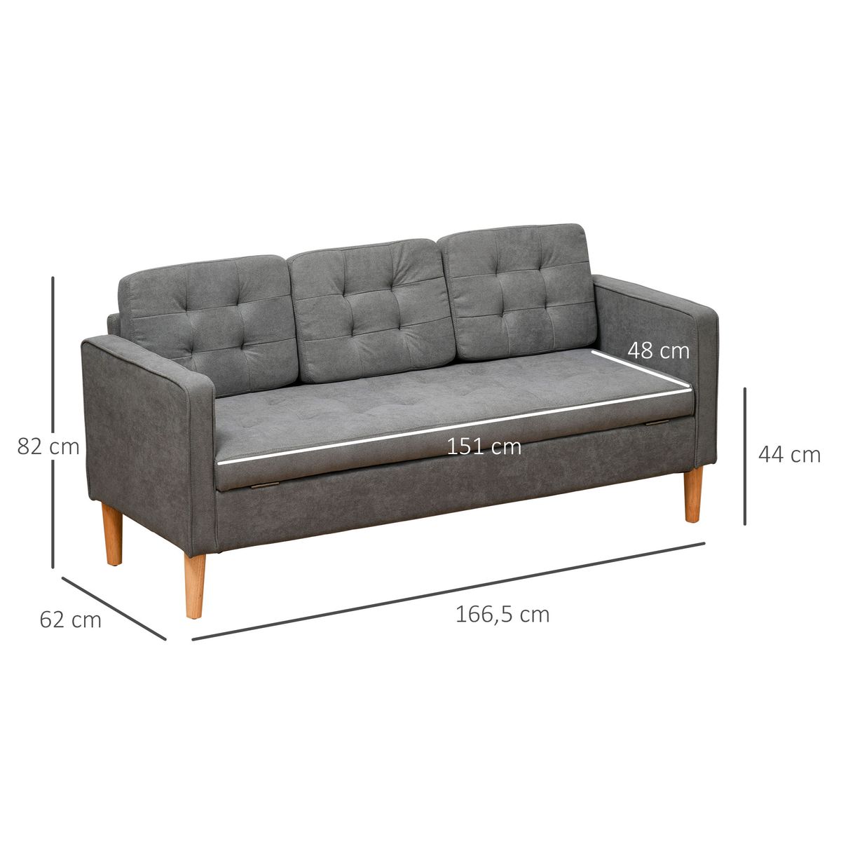 Sofá Olney Homcom 3 plazas con 3 cojines + espacio de almacenaje gris 82x166,5x62 cm