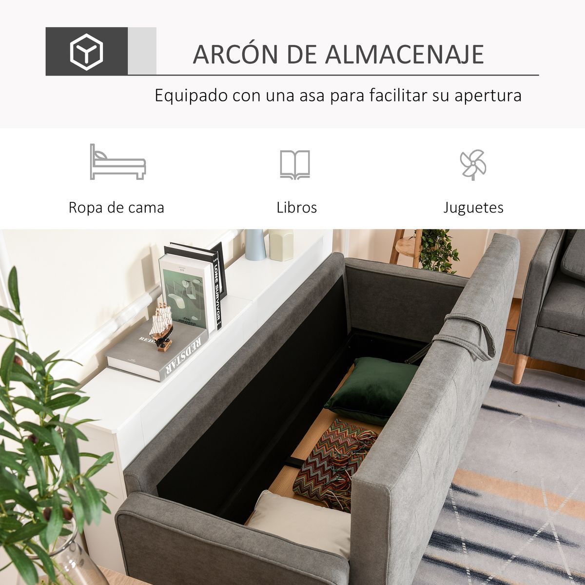 Sofá Olney Homcom 3 plazas con 3 cojines + espacio de almacenaje gris 82x166,5x62 cm