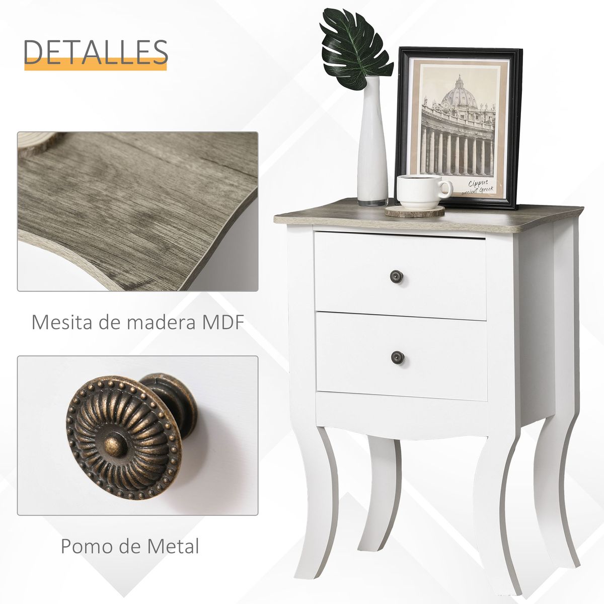 Mesita de noche Hayes Homcom 2 cajones blanco 64,5x46,5x32 cm