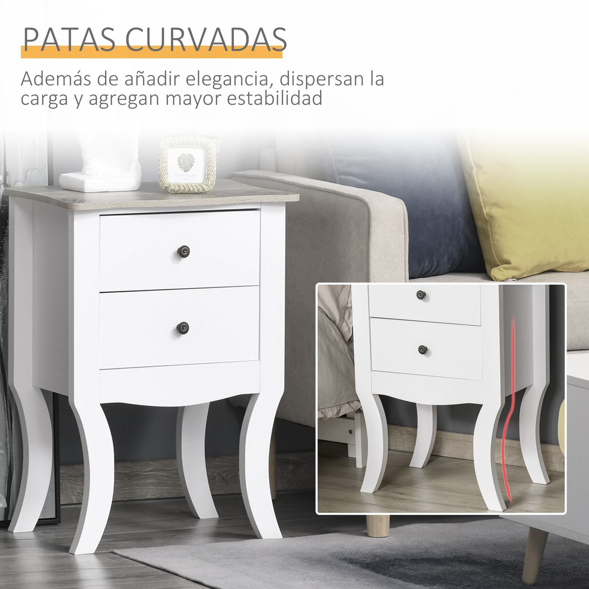Mesita de noche Hayes Homcom 2 cajones blanco 64,5x46,5x32 cm