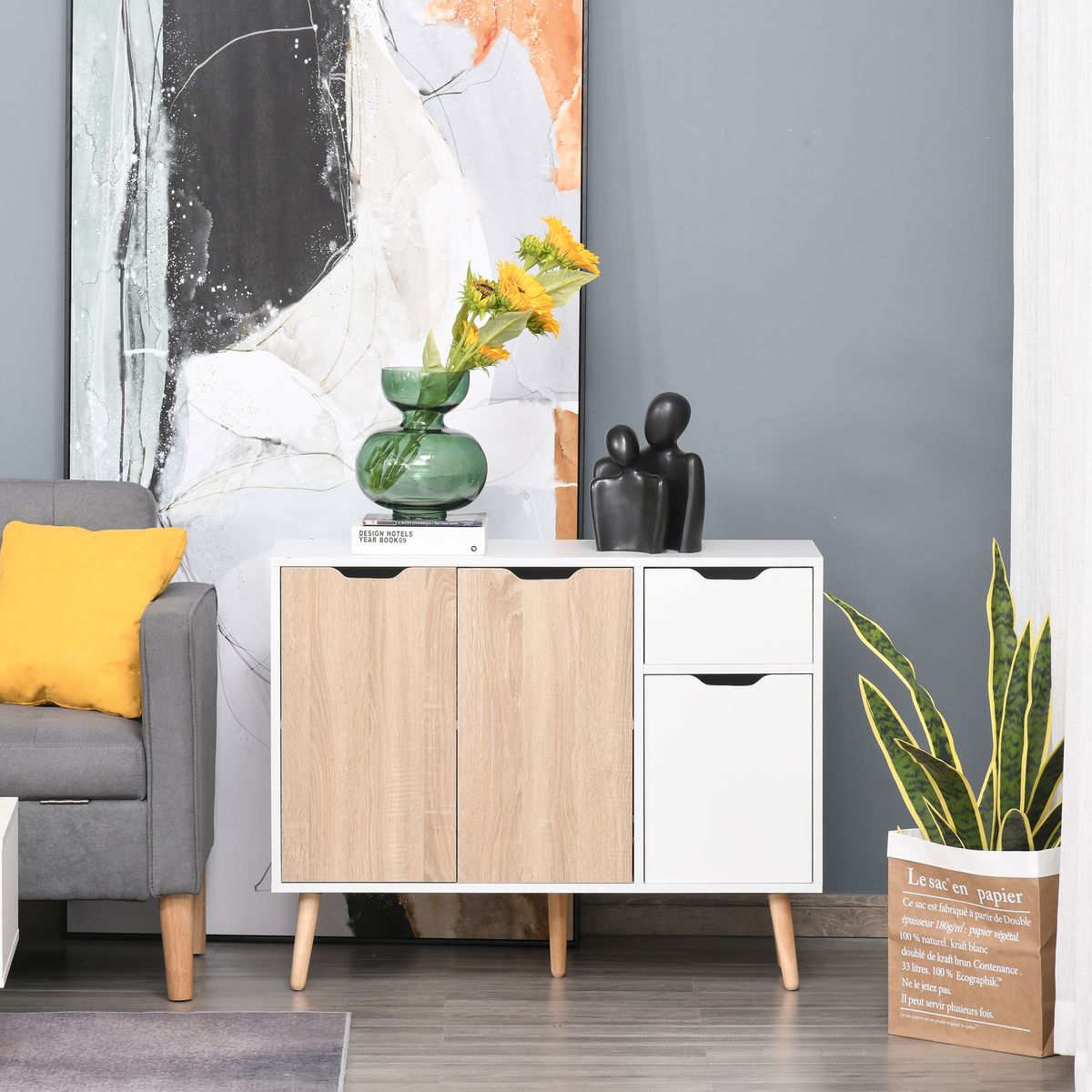 Aparador Mark Homcom 2 armarios + cajón blanco/natural 72x90x30 cm
