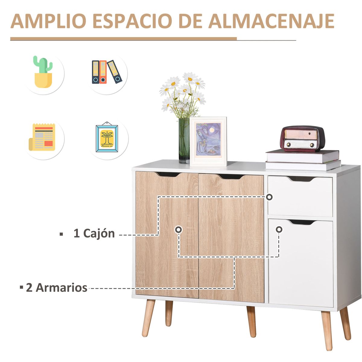 Aparador Mark Homcom 2 armarios + cajón blanco/natural 72x90x30 cm