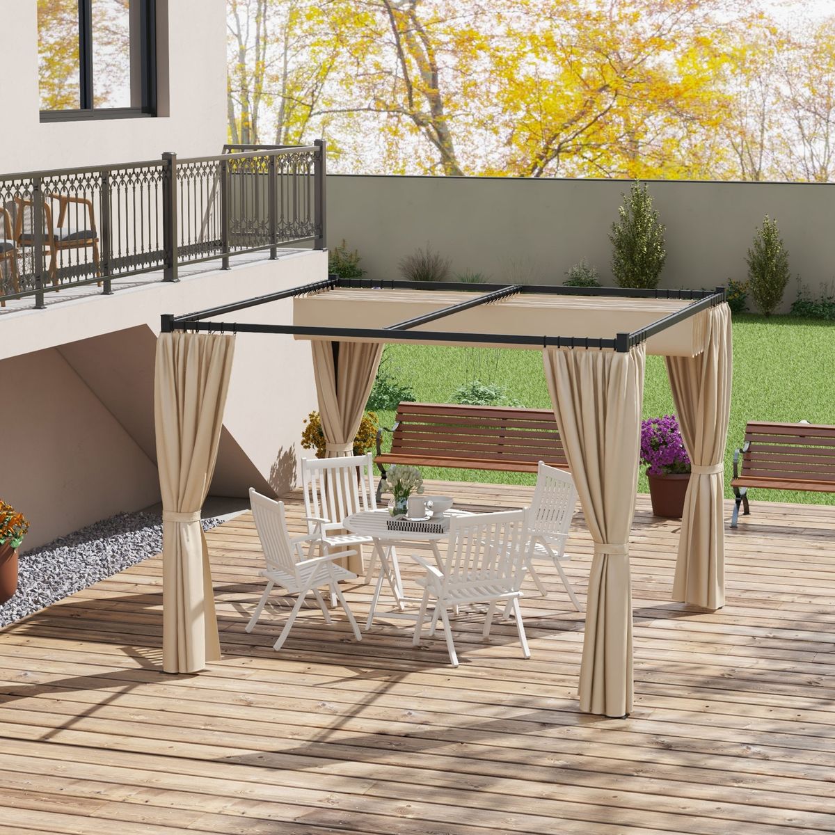 Pérgola Outsunny techo retráctil con toldos laterales beige 227x300x300 cm