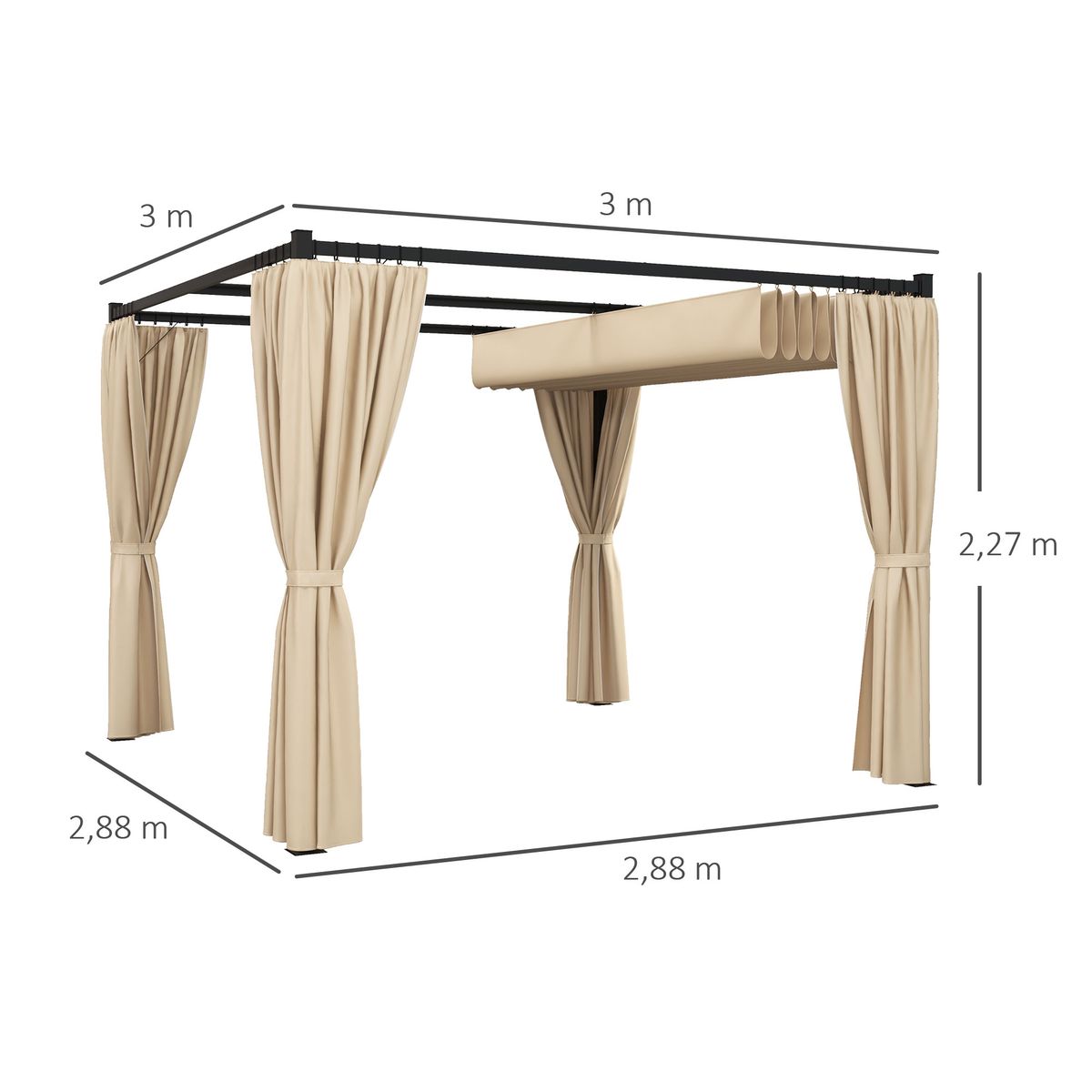 Pérgola Outsunny techo retráctil con toldos laterales beige 227x300x300 cm