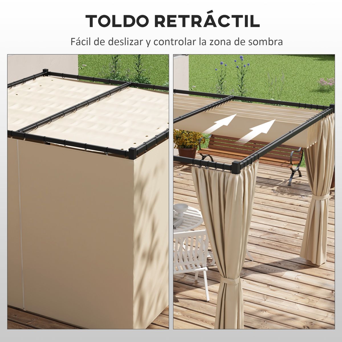 Pérgola Outsunny techo retráctil con toldos laterales beige 227x300x300 cm