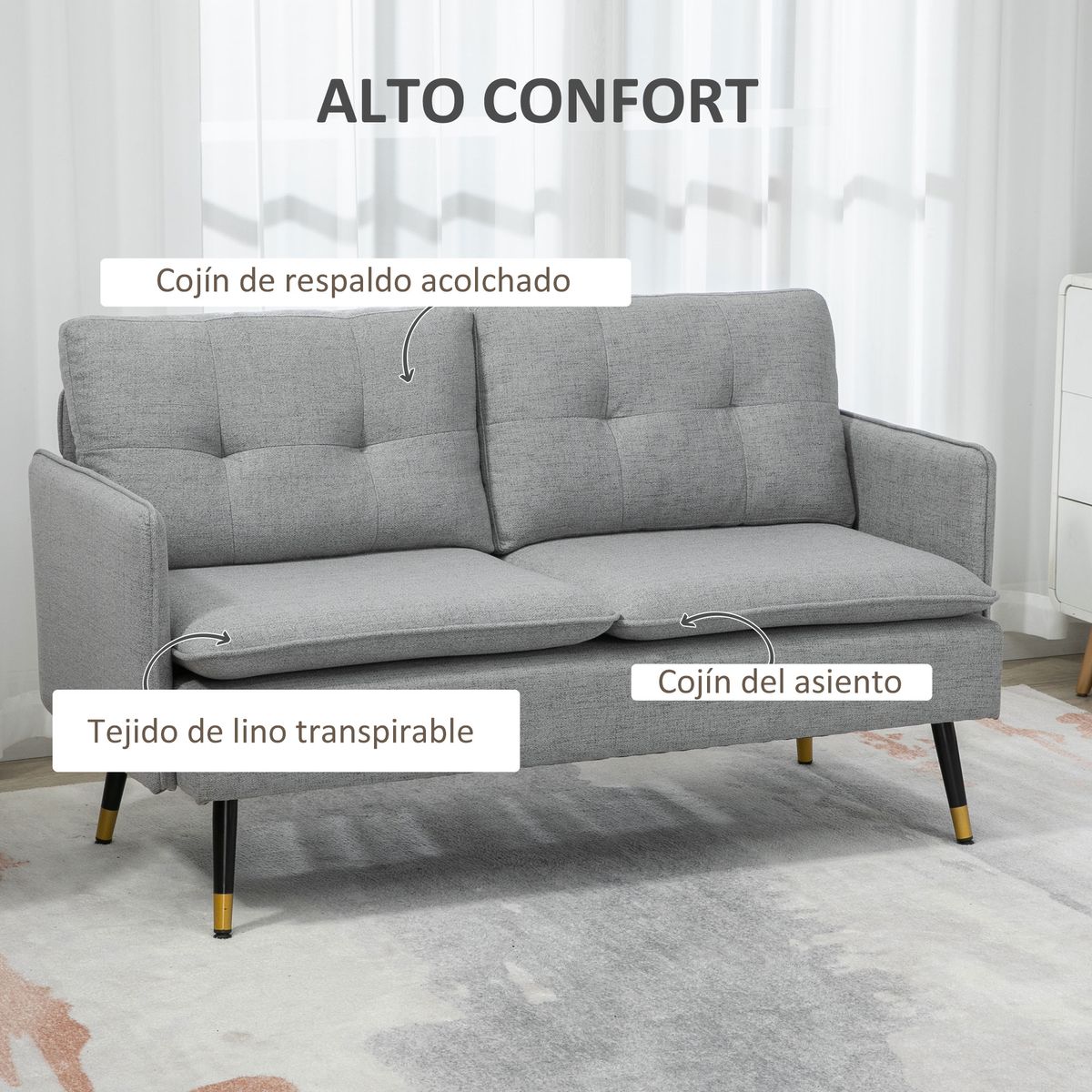 Sofá Harrow Homcom 2 plazas con 4 cojines gris 80x139x68 cm