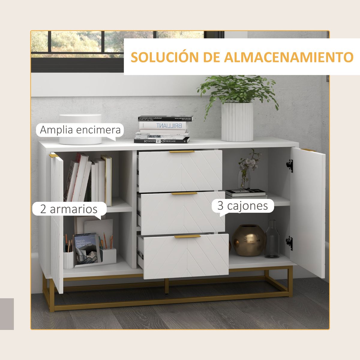 Aparador Luce Homcom 3 cajones + 2 armarios blanco 76x120x40 cm