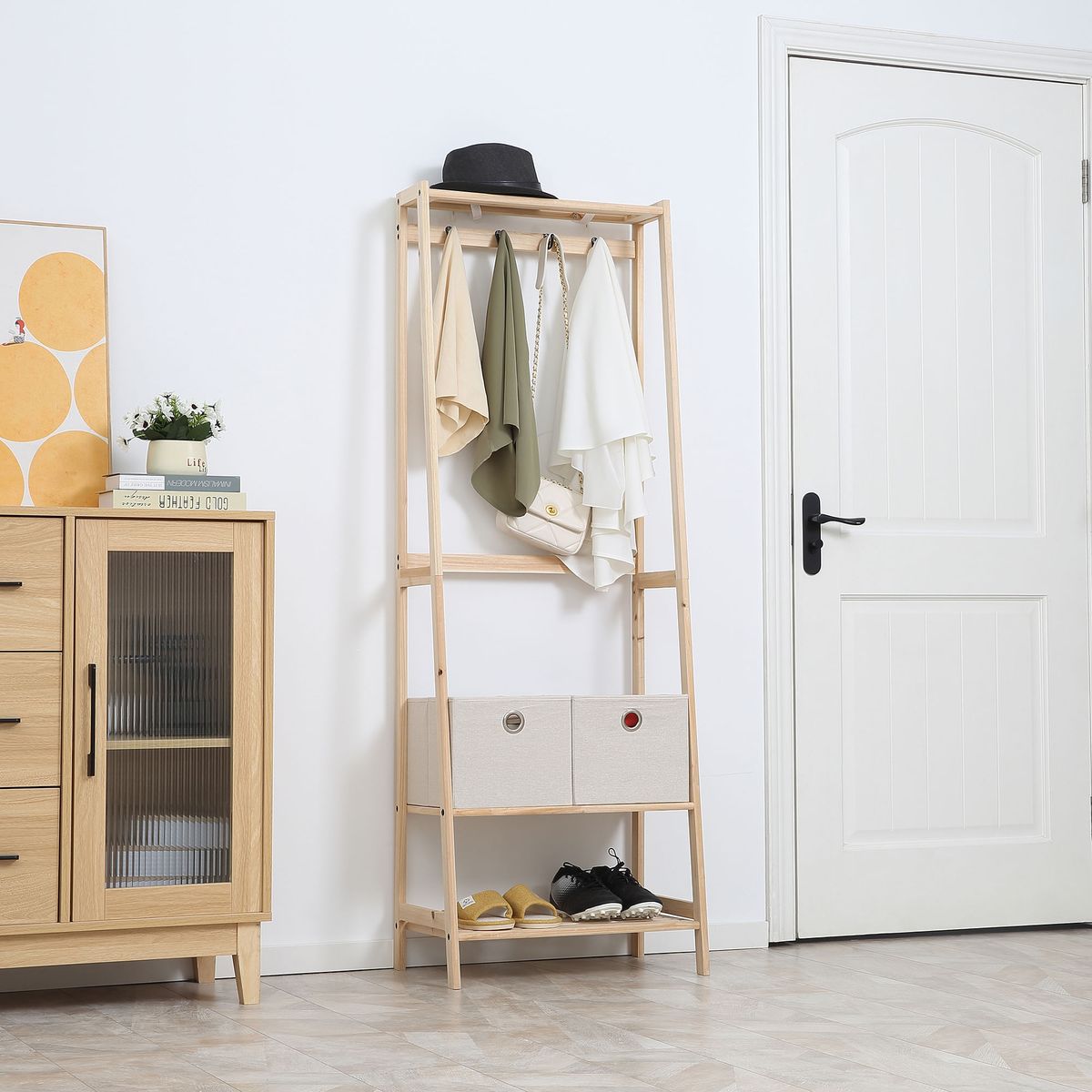 Perchero-Alston-Homcom-2-cajones-de-tela---4-ganchos---barra-natural-168x58x36-cm