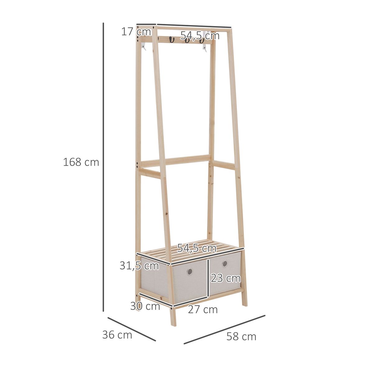 Perchero Alston Homcom 2 cajones de tela + 4 ganchos + barra natural 168x58x36 cm