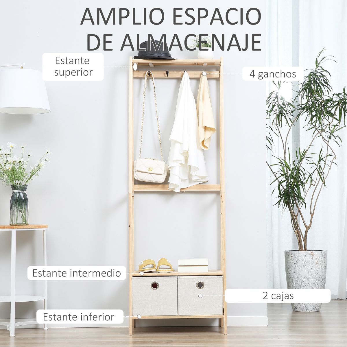 Perchero Alston Homcom 2 cajones de tela + 4 ganchos + barra natural 168x58x36 cm