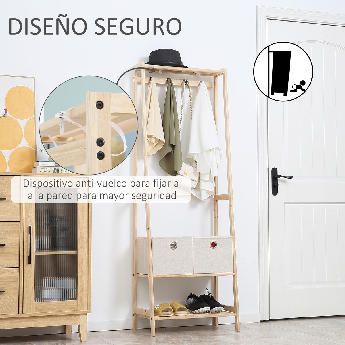 Perchero Alston Homcom 2 cajones de tela + 4 ganchos + barra natural 168x58x36 cm