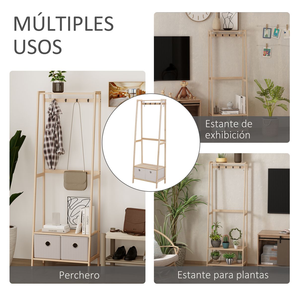 Perchero Alston Homcom 2 cajones de tela + 4 ganchos + barra natural 168x58x36 cm