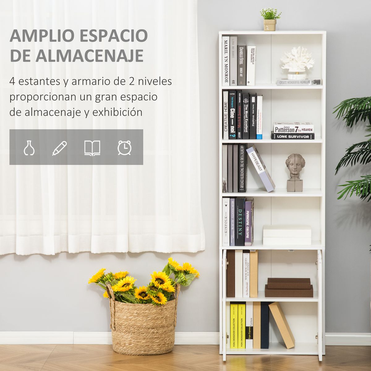 Estantería Trinity Homcom 3 estantes + 2 puertas blanco 180x59x29 cm