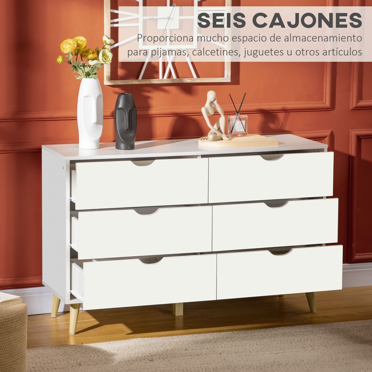 Cómoda Preston Homcom 6 cajones blanco 76x120x40 cm