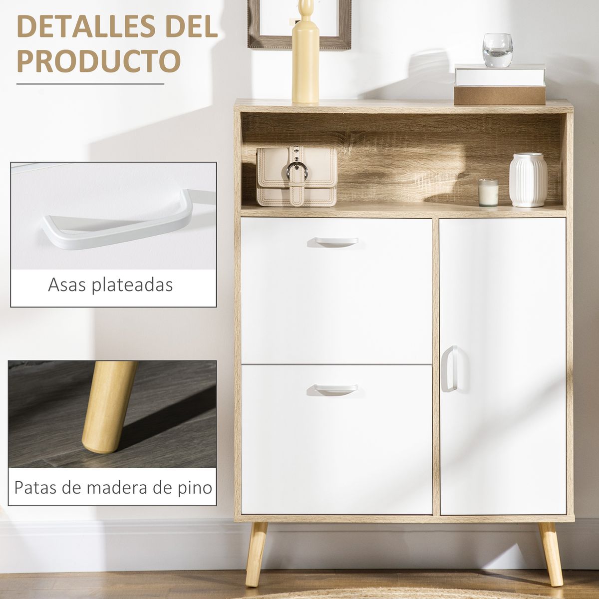 Zapatero Mahole Homcom 2 cajones + armario + estante 8 pares natural/blanco 112,5x80x25,5 cm
