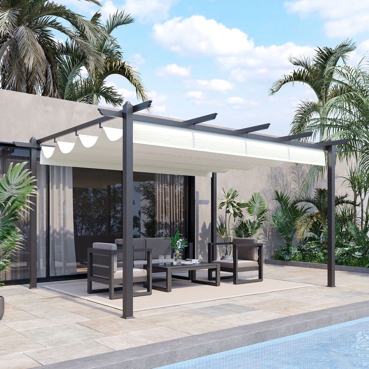 Pérgola Tadley Outsunny con toldo retráctil negro/beige 220x396x296 cm