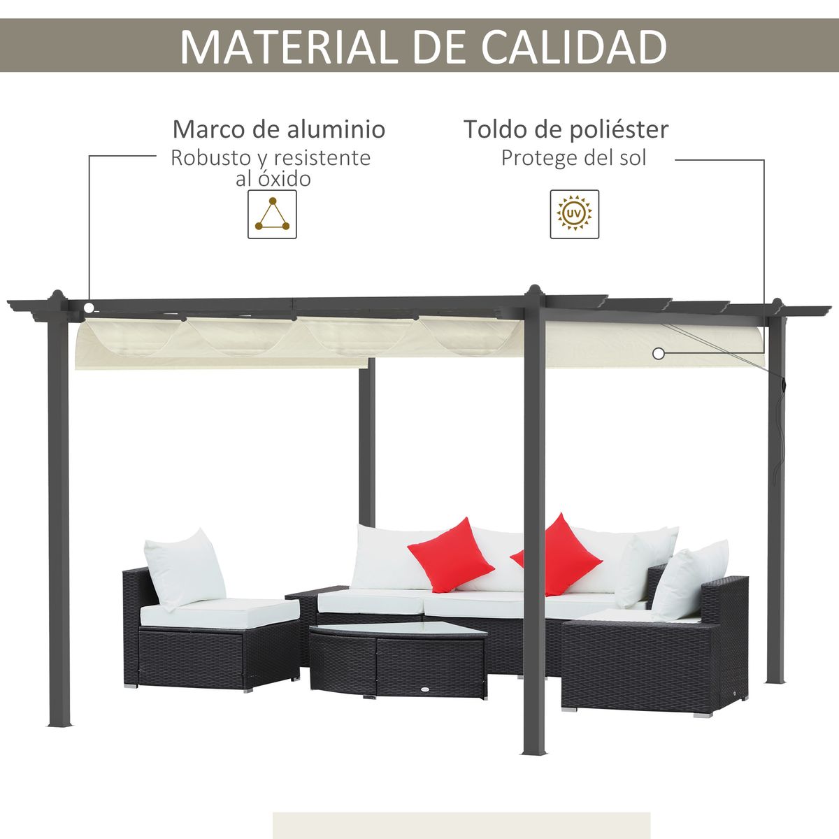 Pérgola Tadley Outsunny con toldo retráctil negro/beige 220x396x296 cm