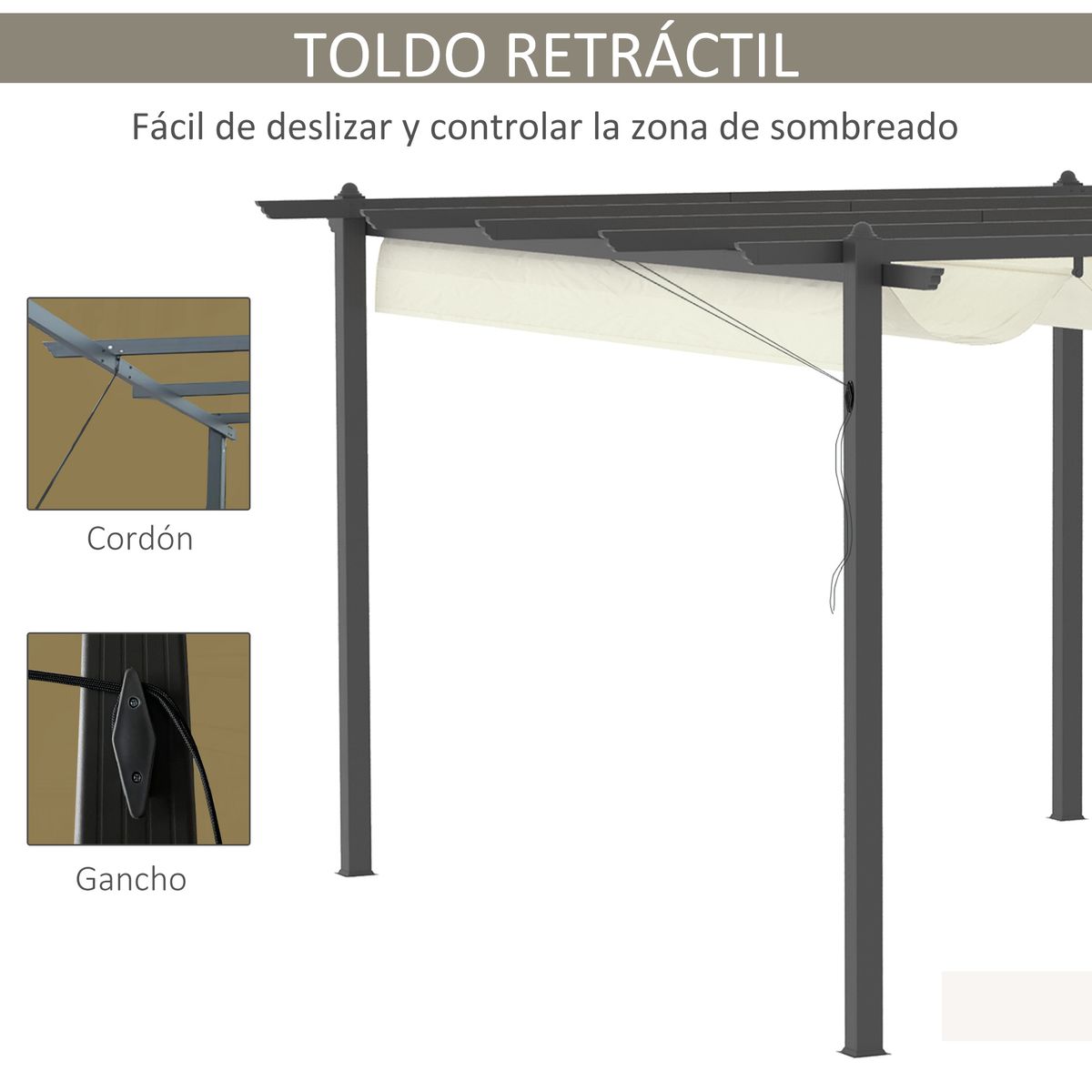 Pérgola Tadley Outsunny con toldo retráctil negro/beige 220x396x296 cm