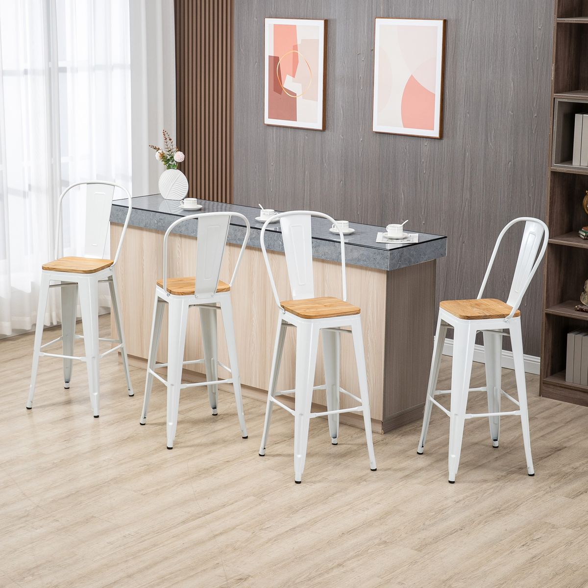 Pack de 4 taburetes Roosky Homcom altos apilables blanco/natural 117x44x48 cm