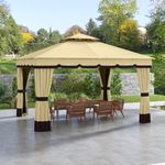Pérgola Outsunny con 4 cortinas mosquiteras beige 275x370x300 cm