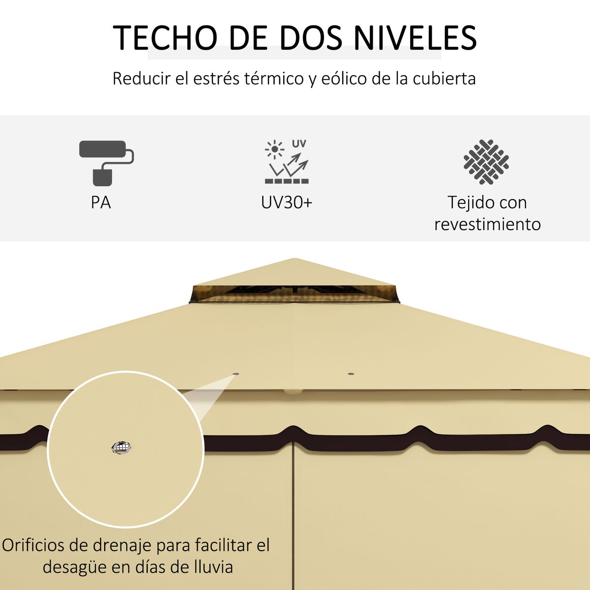 Pérgola Outsunny con 4 cortinas mosquiteras beige 275x370x300 cm
