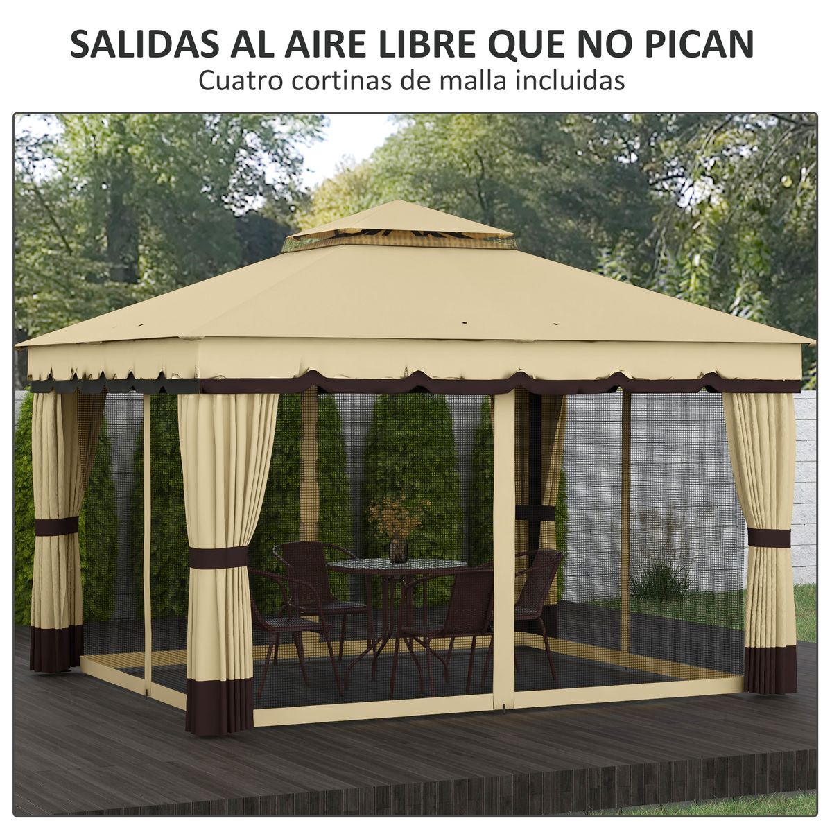 Pérgola Outsunny con 4 cortinas mosquiteras beige 275x370x300 cm