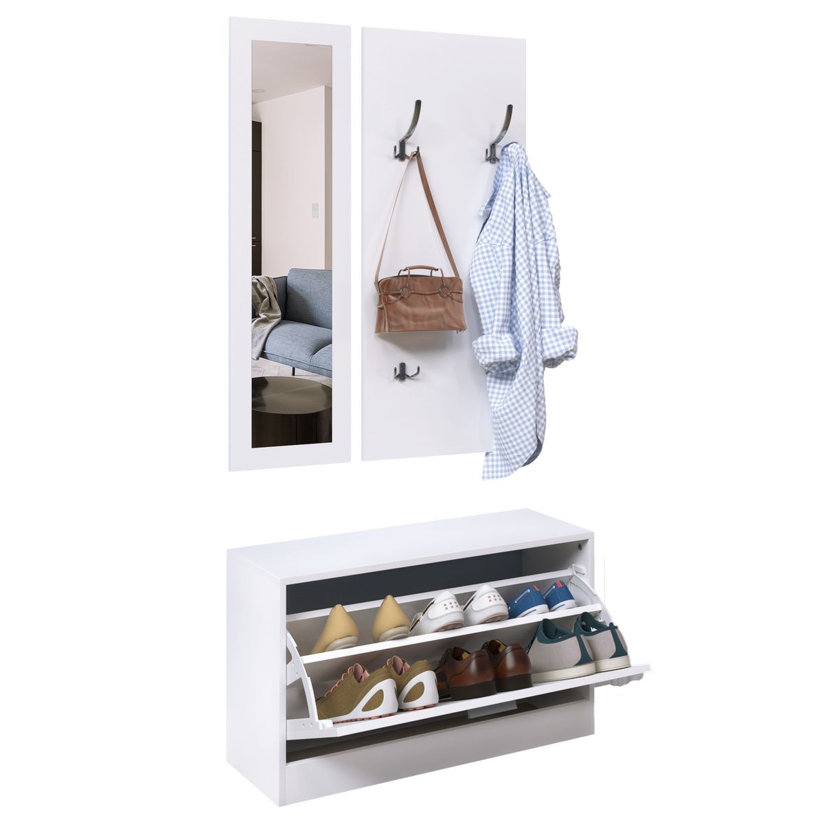 Conjunto de recibidor Roley Homcom zapatero + espejo perchero blanco 46,5x80x27 cm