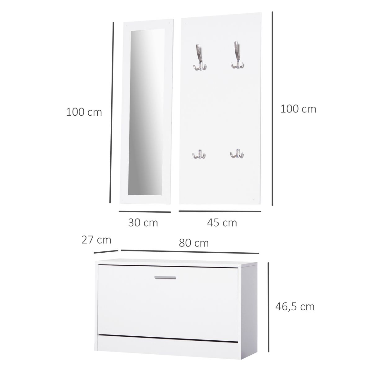 Conjunto de recibidor Roley Homcom zapatero + espejo perchero blanco 46,5x80x27 cm