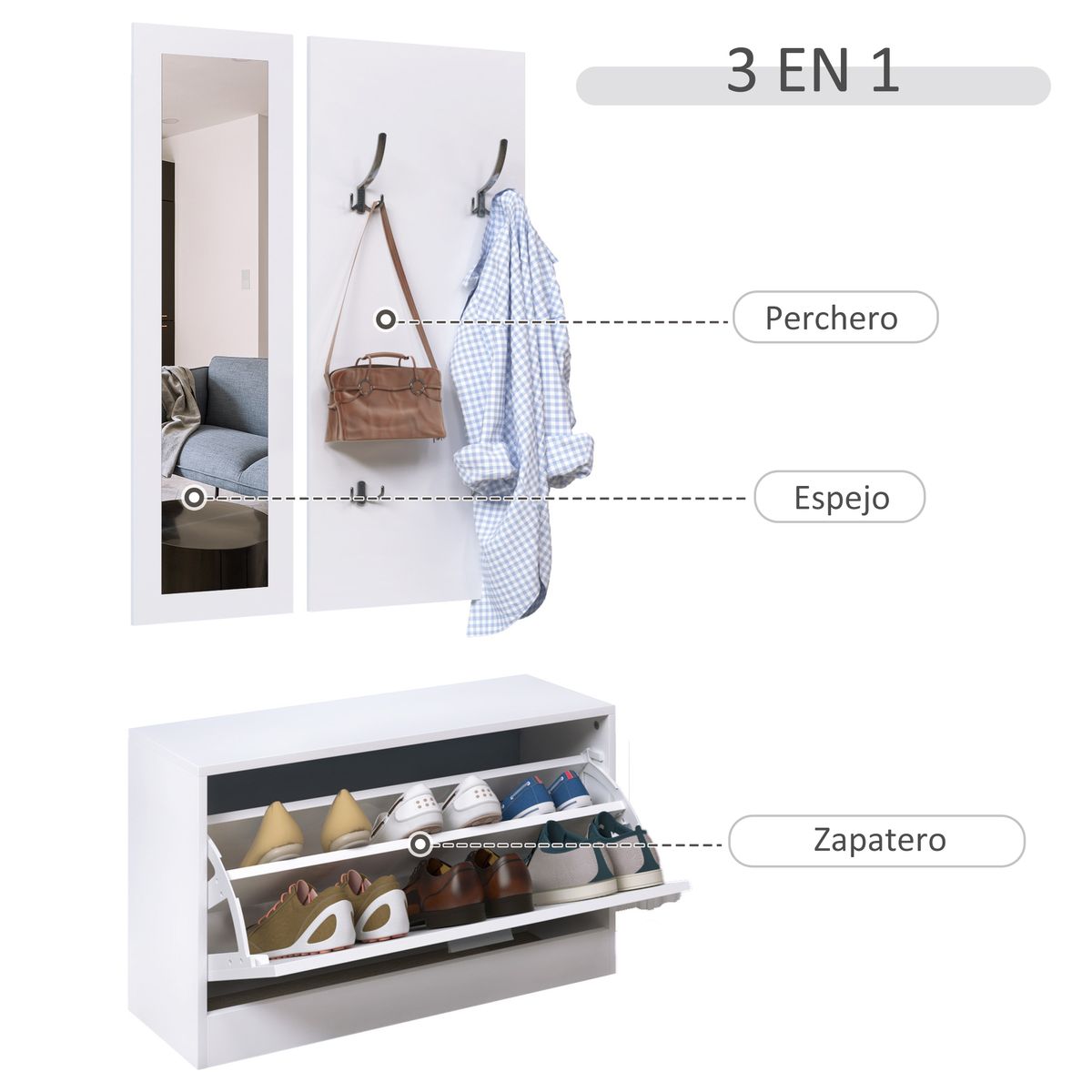 Conjunto de recibidor Roley Homcom zapatero + espejo perchero blanco 46,5x80x27 cm
