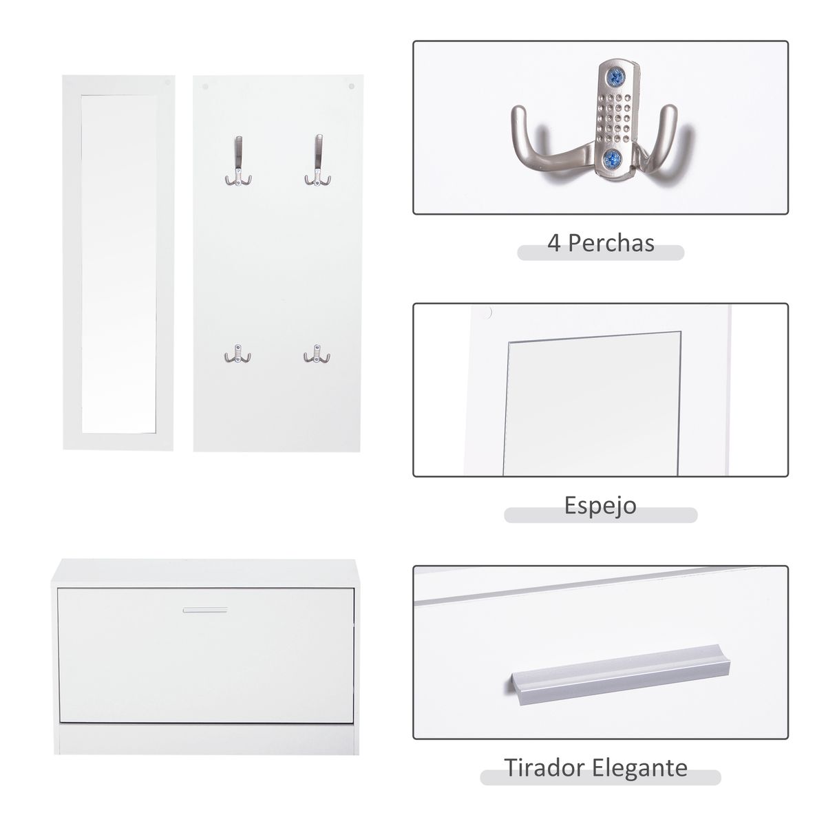 Conjunto de recibidor Roley Homcom zapatero + espejo perchero blanco 46,5x80x27 cm