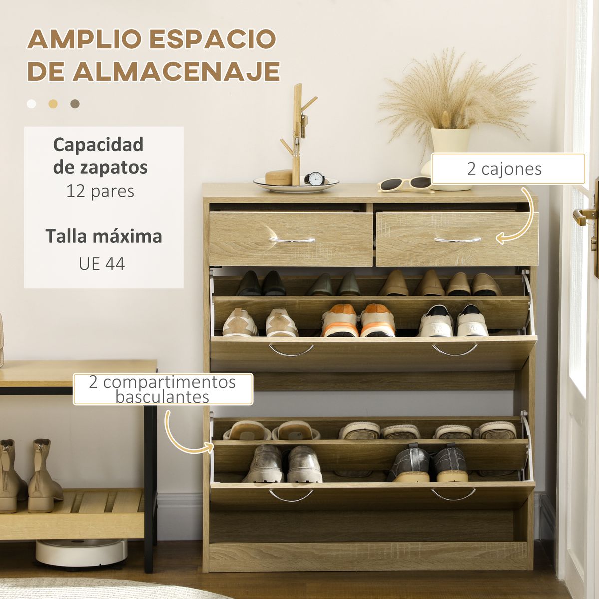 Zapatero Roka Homcom 2 cajones abatibles 12 pares roble 91,5x80x30 cm