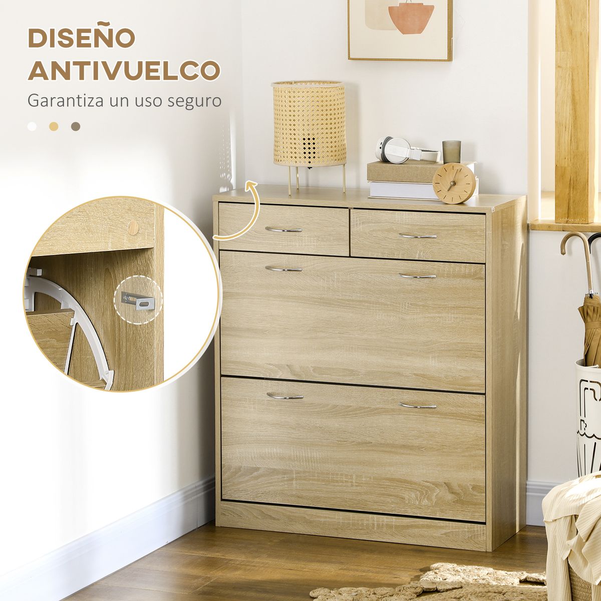 Zapatero Roka Homcom 2 cajones abatibles 12 pares roble 91,5x80x30 cm