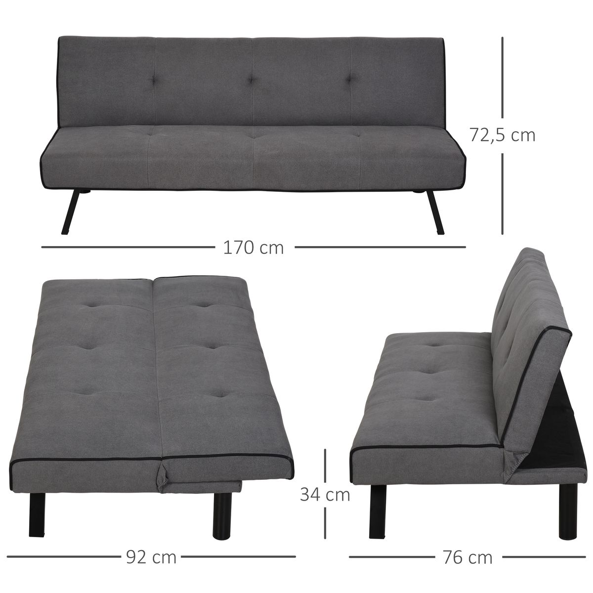 Sofá cama Sutton Homcom 3 plazas reclinable gris 72,5x170x76 cm